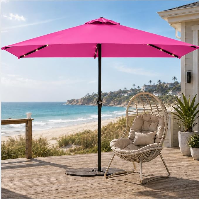 6.5 x 10ft Rectangular Patio Umbrella with Solar Lights, 16 LED Lighted Market Umbrella with Push-Button Tilt and Crank, 6 Sturdy Iron Ribs for Garden, Deck, Pool, Rose Pink