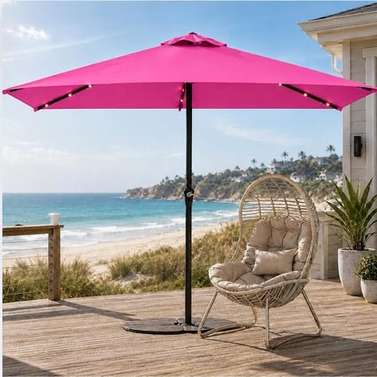 6.5 x 10ft Rectangular Patio Umbrella with Solar Lights, 16 LED Lighted Market Umbrella with Push-Button Tilt and Crank, 6 Sturdy Iron Ribs for Garden, Deck, Pool, Rose Pink