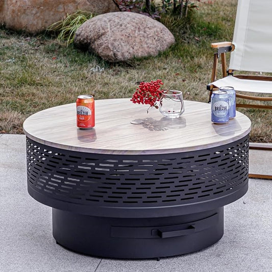 OutVue 32" Wood Burning Fire Pits with Grill & Lid, Fire Pit Table for Outside with Waterproof Cover & Fire Poker, Outdoor Firepit with Functions for BBQ,Table and Bonfire