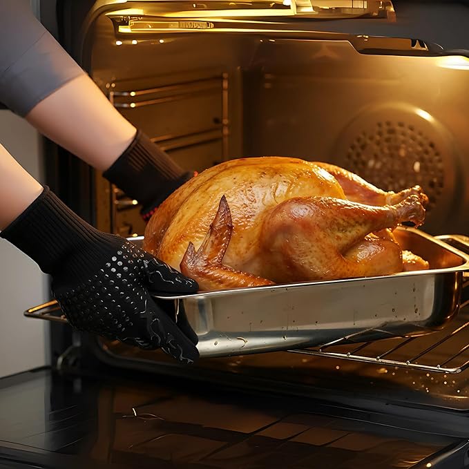 Heat-Resistant BBQ & Oven Gloves with Meat Smoking Guide – Non-Slip Silicone Grip, One Size Fits Most, Ideal for Grilling, Smoking, Baking & Cooking – Black