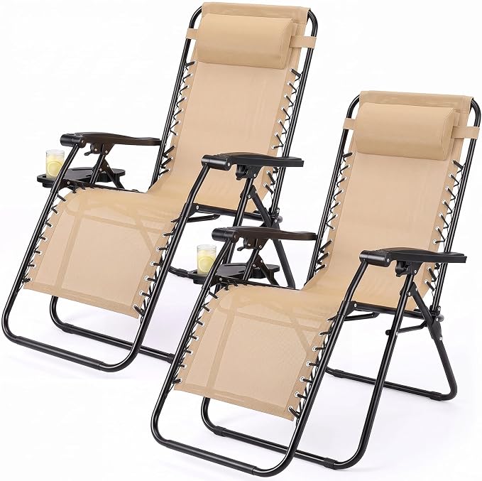 Zero Gravity Chairs Set of 2, Outdoor Folding Lounge Chairs | Foldable Reclining Patio Lawn Chairs with Mesh Back, Adjustable Pillows and Cup Holder Trays, for Pool, Beach, Backyard