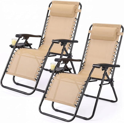 Zero Gravity Chairs Set of 2, Outdoor Folding Lounge Chairs | Foldable Reclining Patio Lawn Chairs with Mesh Back, Adjustable Pillows and Cup Holder Trays, for Pool, Beach, Backyard