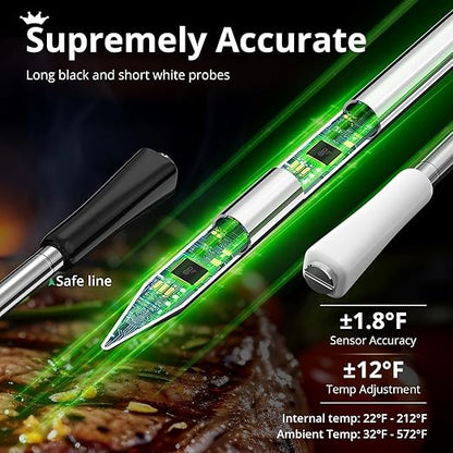Wireless WiFi Meat Thermometer Digital, Versatile Unlimited Remote Range,Smart Bluetooth Cooking Thermometer with 2 Size BBQ Probes, Flexible Alarm APP LCD Screen for Grill, Air Fryer, Smoker and Oven