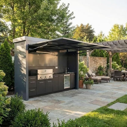 Modern Modular Outdoor Kitchen Island with Retractable Roof Cover, Built-in BBQ Grill Station, Mobile Outdoor BBQ Cooking Station for Backyard Patio Garden