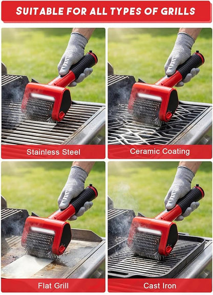 800 RPM Electric Grill Brush for Outdoor, 2-Speed High Power BBQ Cleaning Tool, 4000mAh Cordless Scrubber with LED Light, Non-Shedding Brush & 2 Scouring Pads for Gas/Charcoal/Weber Grates
