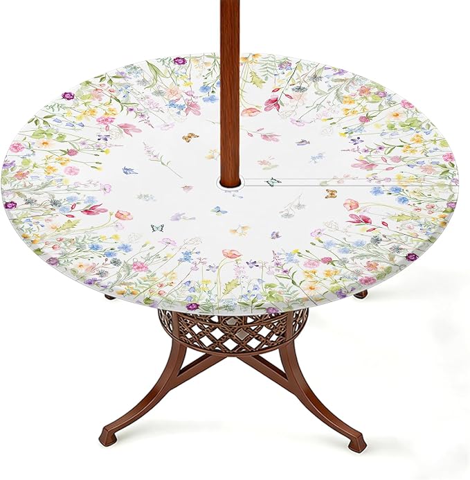 Elastic Zipper Patio Table Cover with Umbrella Hole Waterproof Polyester Outdoor Tablecloth, Windproof Fitted Round Table Cover for Picnic, Garden & Backyard