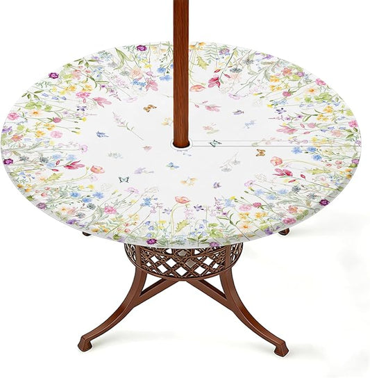 Elastic Zipper Patio Table Cover with Umbrella Hole Waterproof Polyester Outdoor Tablecloth, Windproof Fitted Round Table Cover for Picnic, Garden & Backyard