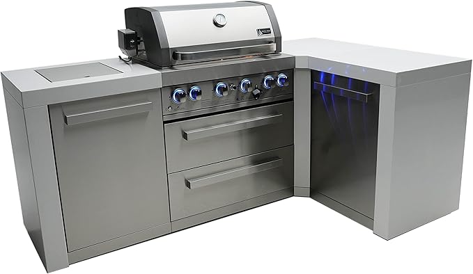 Mont Alpi Premium 82"W x 50"D Deluxe Stainless Steel L-shaped Modular Outdoor Kitchen Island with Infrared Side Burner + 32"W 4-Burner BBQ Gas Grill + Granite Countertops + Storage Cabinets & Drawers