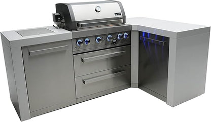 Mont Alpi Premium 82"W x 50"D Deluxe Stainless Steel L-shaped Modular Outdoor Kitchen Island with Infrared Side Burner + 32"W 4-Burner BBQ Gas Grill + Granite Countertops + Storage Cabinets & Drawers