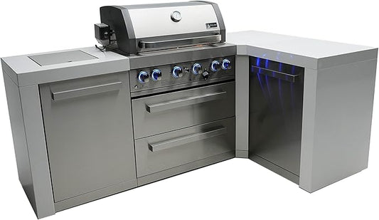 Mont Alpi Premium 82"W x 50"D Deluxe Stainless Steel L-shaped Modular Outdoor Kitchen Island with Infrared Side Burner + 32"W 4-Burner BBQ Gas Grill + Granite Countertops + Storage Cabinets & Drawers