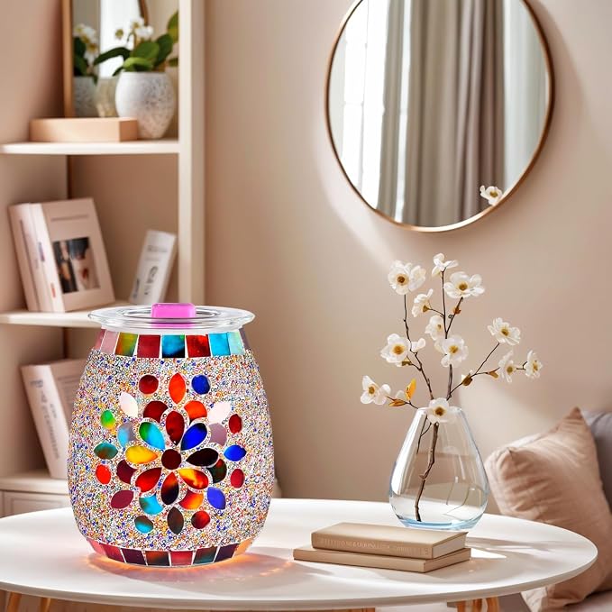 Dicimi Mosaic Glass Wax Warmer, Electric Oil Burner with Flameless Night Light, Scentsy Wax Melt Warmer for Scented Wax, Unique Candle Warmer Lamp for Home Office Bedroom Decor, Ideal Gift