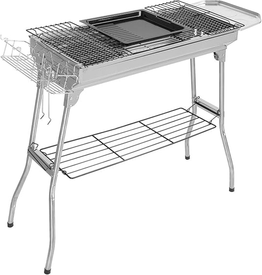 Portable Charcoal Grill Stainless Steel Barbecue Grill Folded Outdoor BBQ Grill with 1 Baking Tray & Anti-Scalding Handle, for Garden Backyard Party Picnic Travel Outdoor Cooking Use, 39.37in