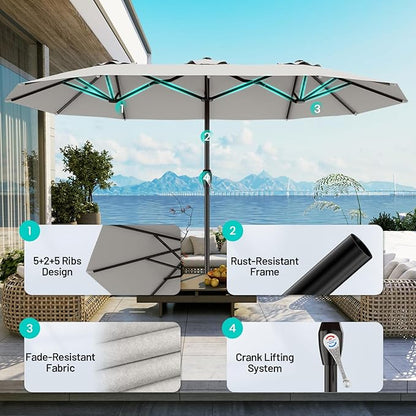 AreShark 15ft Patio Umbrella with Base, Double Sided Outdoor Umbrella with 12 Fiberglass Ribs, Large Outdoor Umbrella for Garden, Pool, Deck, Backyard & Market, Light Grey