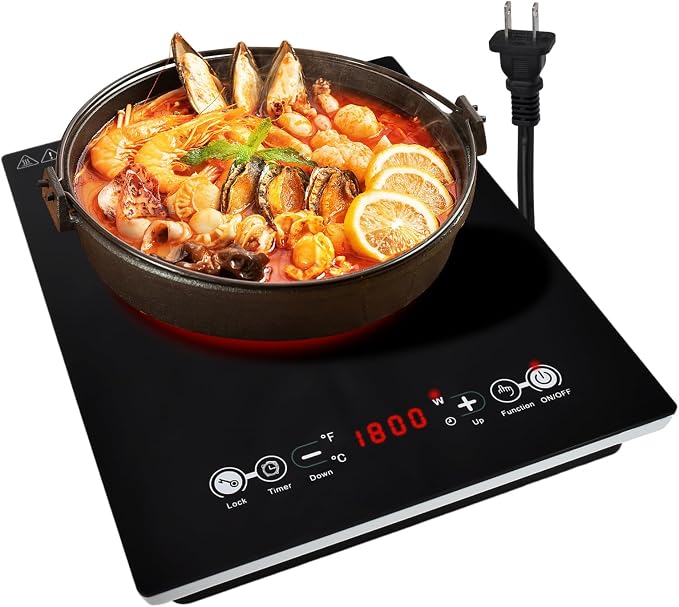 Electric Cooktop 110V, Single Burner Plug in Portable Induction Cooktop, Countertop Ceramic Stove Top with Power Levels and Overheat Protection, Child Safety Lock, Timer, 1800W
