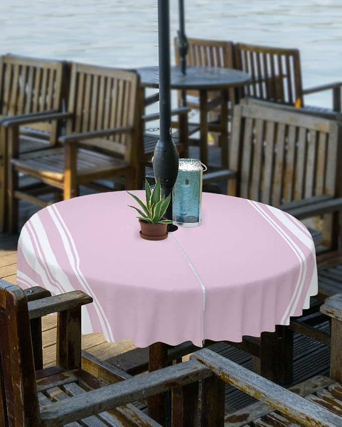 QueenKer Outdoor Tablecloth with Umbrella Hole, Farmhouse Pink White Stripe Round Tables Waterproof Tabletop Collection for Patio, Garden, Picnic, Camping, Dining 60R