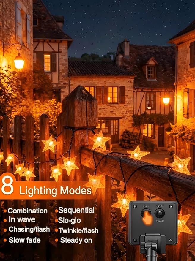 Solar Twinkle Star String Lights Outdoor Indoor Waterproof 39FT 100 LED Solar Powered Fairy Lights with 8 Lighting Modes Thanksgiving Decor for Camping Tree Party Yard Wedding Garden Orange