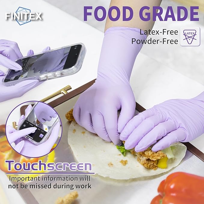 FINITEX Nitrile Disposable Latex-Free Gloves Purple - 5mil 100PCS Latex/Powder-Free 12inch Cleaning Medical Exam Food Glove