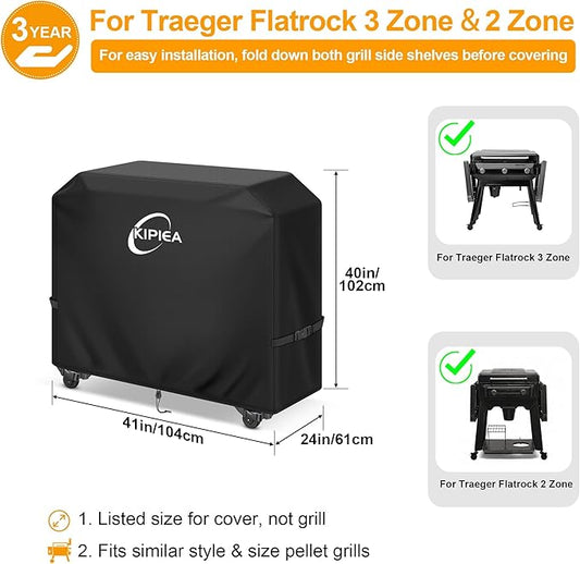 Kipiea Heavy Duty Grill Cover for Traeger Flatrock 3 Zone, 600D Oxford Fabric Wood Pellet Smoker Covers Waterproof & Windproof, Pellet BBQ Grill Cover for Outside Anti-UV, No Tear, No Fading