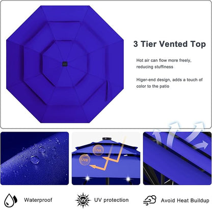 ABCCANOPY 3-Tiers 11FT Solar Patio Umbrella, Outdoor Umbrella with 32 LED Lights for for Deck, Pool, Garden, Backyard (Blue)