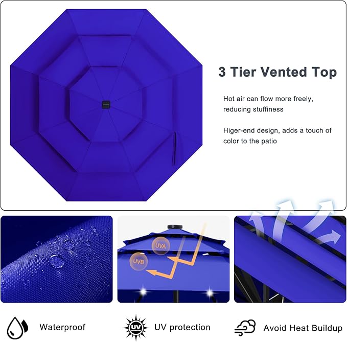 ABCCANOPY 10FT Solar Led Patio Umbrella 3-Tiers(Blue)