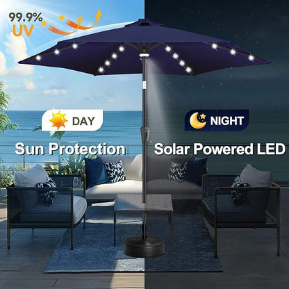 FLAME&SHADE 10ft Solar Outdoor Umbrella - 24 LED Lighted Patio Umbrella with Centre Surround Light, Table Umbrellas with Tilt & Crank for Pool, Porch, Garden, Deck, Backyard UV Protection (Navy Blue)