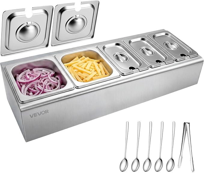 VEVOR Countertop Food Serving Display Container, Stainless Steel Food Salad Server Tray, Buffet Condiment Dispenser, Ice Cooled Rack with Separate Lid, for Restaurant Hotel Kitchen (2x1/6+3x1/9 Pan)
