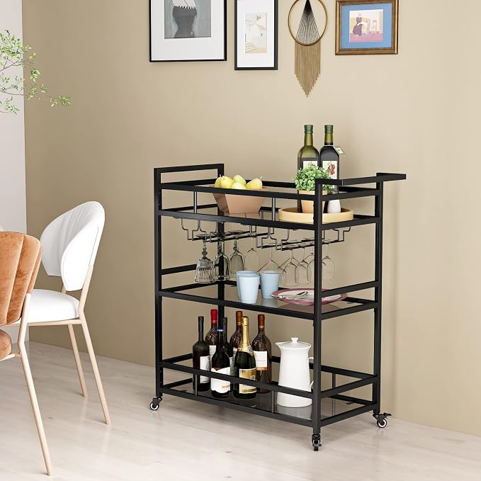 Black Metal Bar Carts with 3 Tier Glass Shelves, Rolling Serving Bar Cart with Wine Rack and Glass Holder, Industrial Bar Carts & Wine Carts on Wheels for Kitchen, Indoor & Outdoor