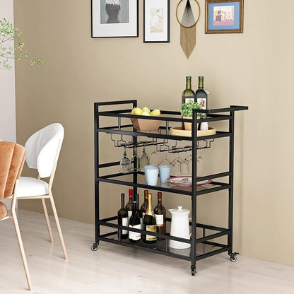 Black Metal Bar Carts with 3 Tier Glass Shelves, Rolling Serving Bar Cart with Wine Rack and Glass Holder, Industrial Bar Carts & Wine Carts on Wheels for Kitchen, Indoor & Outdoor