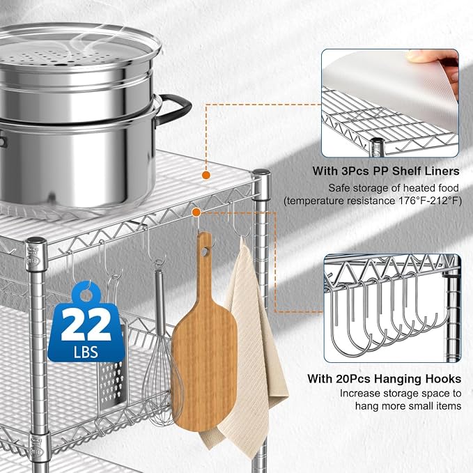 Commercial Rolling Utility Cart,45In Large Kitchen Carts with Wheels | 3 Tier Heavy Duty Serving Cart with Handle & Shelf Liners, NSF Storage Cart for Restaurant,45"D x 25"W x 39"H-Chrome