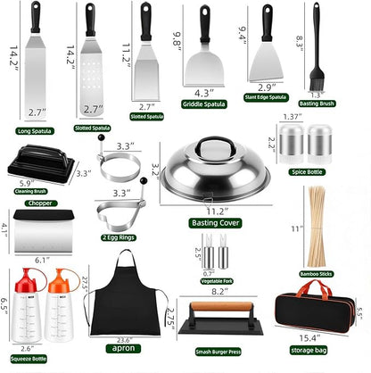 120PCS Griddle Accessories for Blackstone, Premium Stainless Steel Griddle Tool Set with Spatulas, Tongs, Smash Burger Press, Seasoning Bottles, Carry Bag for Camp Chef, Outdoor BBQ
