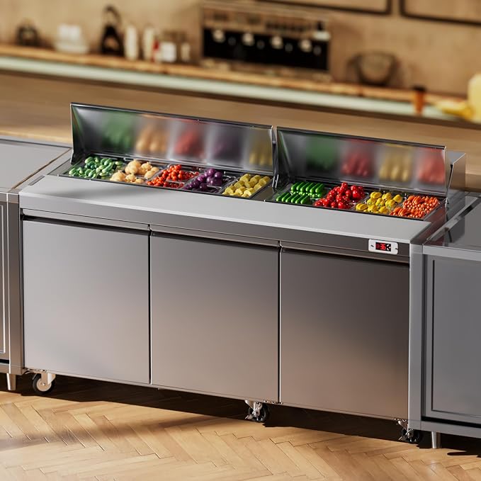 72" W Commercial Sandwich Salad Prep Table Refrigerator, Stainless Steel Refrigerated Salad Bar Food Prep Station with 18 Pan, Cutting Board, Ajustable Shelves for Restaurant, Food Truck, Buffet