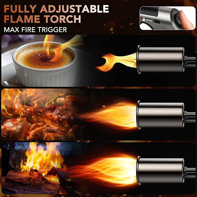 Propane Torch Gun with Safety Lock and One-Touch Max Fire – Adjustable Kitchen Cooking Torch & Flame Thrower for BBQ, Grilling, Sous Vide, Searing, Campfire Starter (Tank Not Included)