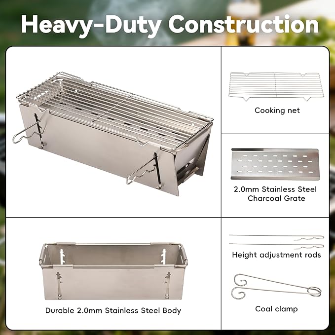 TADA Small Foldable Portable Charcoal Grill Heavy Duty Stainless Steel BBQ Grill for Outdoor Camping Picnic Beach