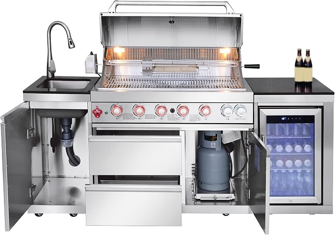 82.5'' Outdoor Kitchen Island, All-In-One 6 Burner Modular Outdoor Kitchen for Backyards, 83500 BTU BBQ Grill with 304 Stainless Steel, Silver Outdoor Kitchens with Sink, Refrigerator