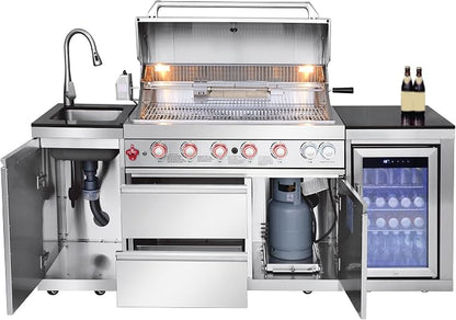 82.5'' Outdoor Kitchen Island, All-In-One 6 Burner Modular Outdoor Kitchen for Backyards, 83500 BTU BBQ Grill with 304 Stainless Steel, Silver Outdoor Kitchens with Sink, Refrigerator