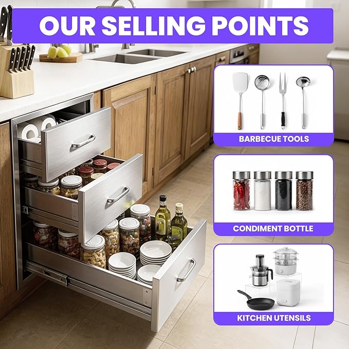 Modular Outdoor Kitchen Drawer Cabinet 18" x 23" x 23", Stainless Steel Cabinet with 3 Drawers, Outdoor Kitchen Cabinets Flush Mount for BBQ Island & Grill