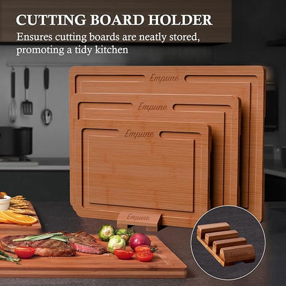 Empune Bamboo Cutting Boards for Kitchen, 3 Piece Extra Thick Cutting Board Set with Juice Groove, Deep Carbonized Bamboo Chopping Board, Reversible Wood Cutting Board for charcuterie boards, Brown