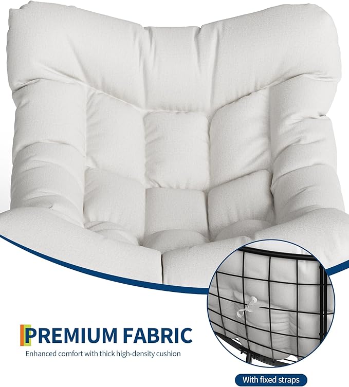 GarveeLife Outdoor Oversized Papasan Rocking Chair with Footrest, Patio Lounge Chair with Ottoman and Sturdy Metal Frame, Patio Egg Rocker for Balcony Backyard Porch Bedroom, White