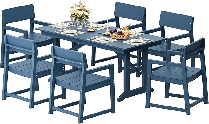 Shintenchi 7 Pieces Outdoor Dining Set,HDPE Outdoor Table and Chairs Set for 6,All Weather Patio Furniture Sets with Umbrella Hole,Modern Wooden Textured Dining Sets for Backyard,Garden,Blue