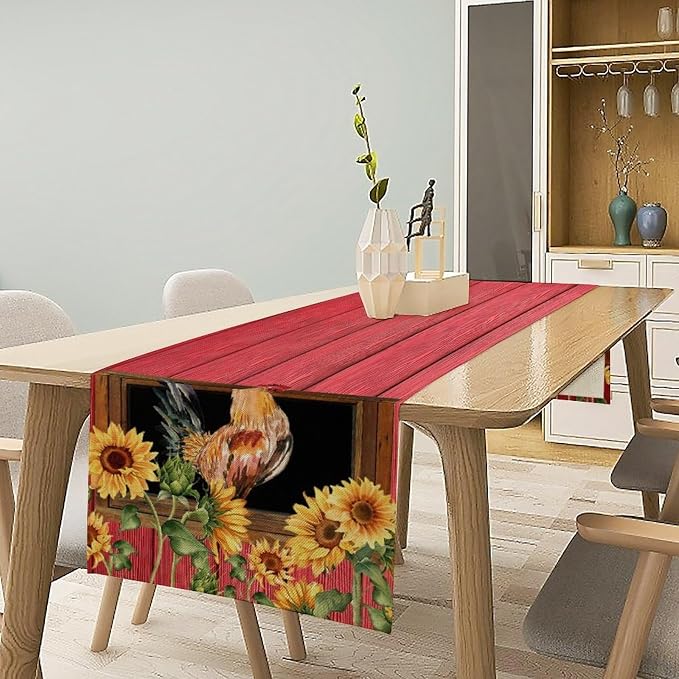 Home Dining Table Runner Dresser Scarf Linen Burlap Fabric,Farm Red Barn Chicken with Sunflower Kitchen Dining Table Decoration for Indoor Party Home 13x90 Inch