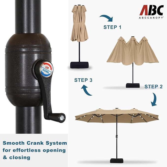 ABCCANOPY 15FT Solar LED Double-Sided Umbrella with Base, Khaki | Rectangular Outdoor Table Umbrella with Crank, Heavy Duty Market Umbrella Shade for Garden,Poolside, Lawn, Backyard