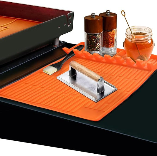 Griddle Buddy Tool Caddy - Premium Silicone BBQ Utensil Organizer, 8-Slot Holder for Kitchen & Grill, Heat Resistant & Non-Slip Mat, Protects Surfaces from Oil, Stains, & Scratches – 11.5" x 16"