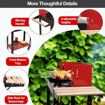 Charcoal Grill, Outdoor BBQ Portable Grill with Side Table and Wheel, Folding Grill for Outdoor Cooking Camping Garden (Red)