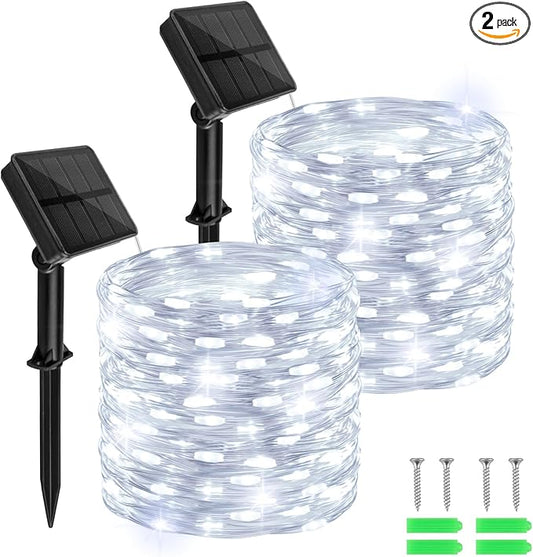 cshare Solar Fairy Lights Outdoor Waterproof,39.4ft 120LED Solar String Lights for Outside 8 Modes 2 Packs for Patio Backyard Garden Wedding Deorations Cool White