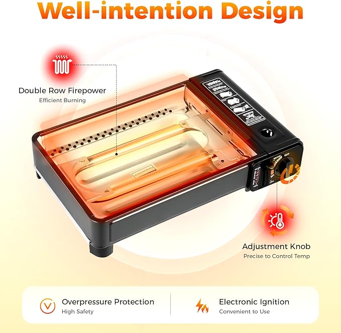 Portable Butane Stove Compact Gas-Grill Stove with Grilling Net & Storage Case, 0.25-0.3MPa Tabletop BBQ for Camping, Outdoor Cooker, Home