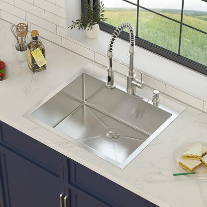 25 Inch Drop in Kitchen Sink 25x22 Drop in Kitchen Sink 16 Gague Topmount Stainless Steel Single Bowl Handmade Sinks Large Deep Basin 25"x22"x9"