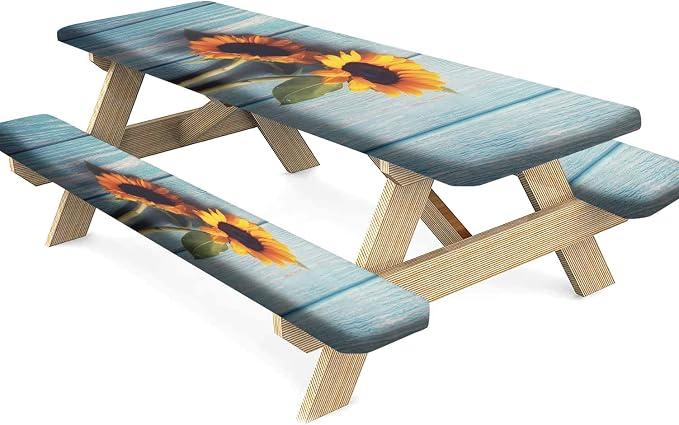 Blue Wood Grain Fitted Picnic Table Cover with Bench Covers, Spring Sunflower Flowers Print Elastic Edge Fitted Table Cover, 3 Pieces Set, 72x28 Inch, Great for Picnic Party Outdoor Patio Use