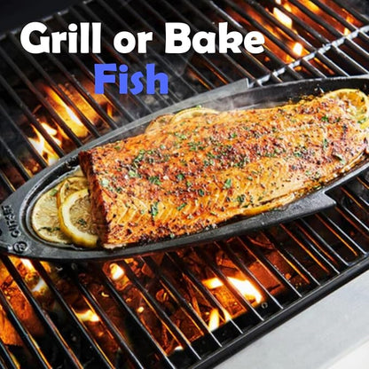 Outset Cast Iron Fish Grill and Serving Pan, 18.9 x 7.28 x 0.98 inch BBQ and Oven Safe Fish Cooking Pan