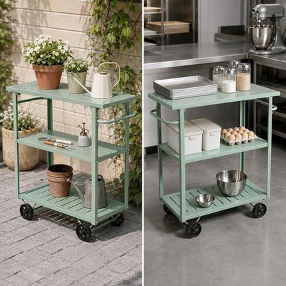 3-Tier Metal Rolling Cart with Wheels, 39.37x15.74x41 in, Pea Green | Indoor & Outdoor Use, Convenient Handles, Waterproof & Rustproof, Stronger Load Bearing, Kitchen & Garden Use