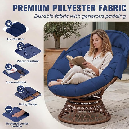 GTPLAYER Outdoor Wicker Egg Chair PE Rattan Chair with Cushion, Oversized Patio Lounge Chair with Canopy Papasan Chair 360° Swivel Base for Outdoor, Indoor, Balcony, Backyard, Garden, Blue